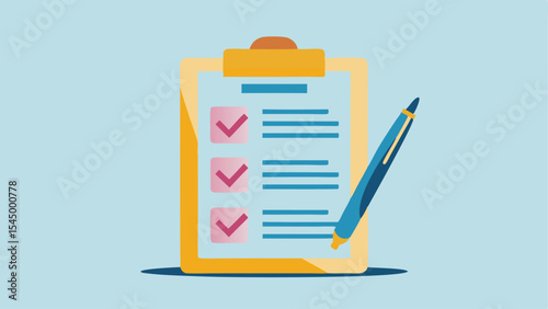 Illustration of a clipboard with checkmarks and lines next to a pen on a light blue background flat design