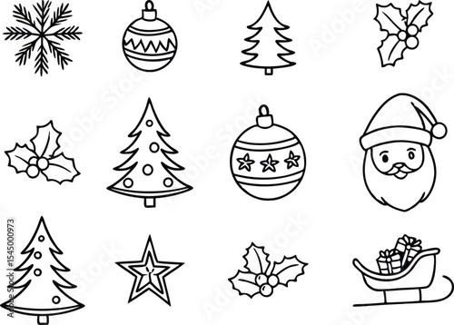 Hand drawn Christmas doodles collection featuring festive holiday illustrations and icons. Creative Christmas doodles set with fun and whimsical elements for seasonal design projects. Cute Christmas