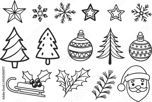 Hand drawn Christmas doodles collection featuring festive holiday illustrations and icons. Creative Christmas doodles set with fun and whimsical elements for seasonal design projects. Cute Christmas