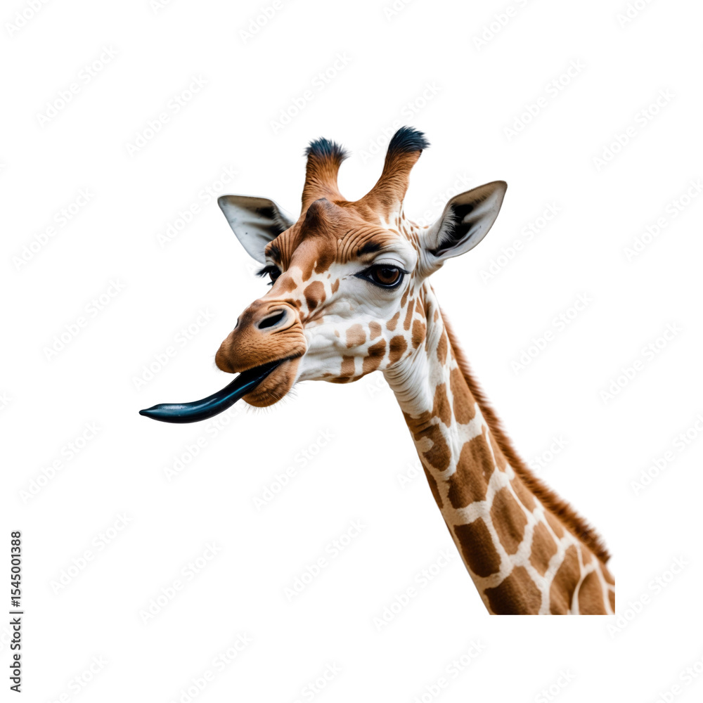 Obraz premium Playful Giraffe with Long Tongue Out Against Transparent Background