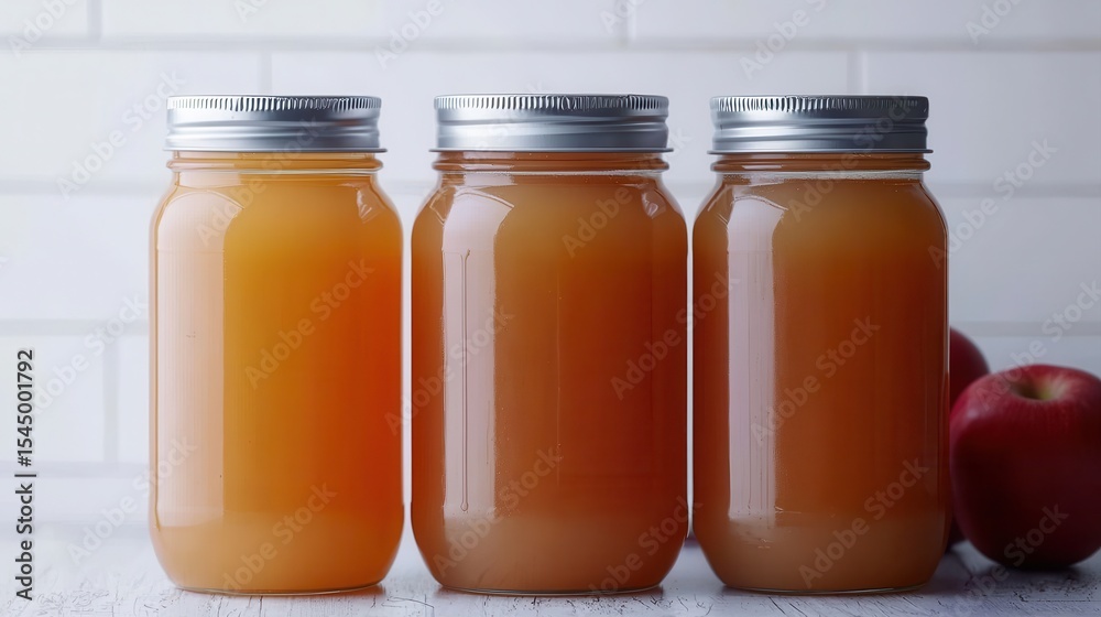 Three glass jars filled with apple juice or cider, sealed with metal lids, placed on a white surface with two red apples in the background. Three glass jars filled with apple juice or cider, sealed with metal lids, placed on a white surface with two red apples in the background.