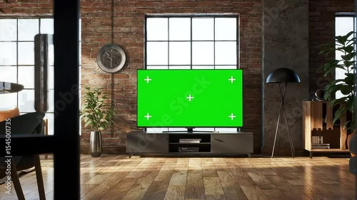 Modern living room with a green screen television and industrial interior design