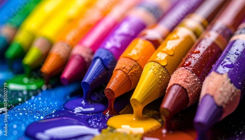 Melted crayons dripping into a vivid rainbow on canvas, captured in bold macro photography style with high contrast, showcasing vibrant color flow and artistic expression