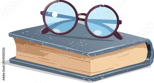 An old pair of round spectacles perched on top of a closed, dust-covered book. One lens catches a glint of light, while the other is fogged slightly. The background fades into shadows, evoking mystery