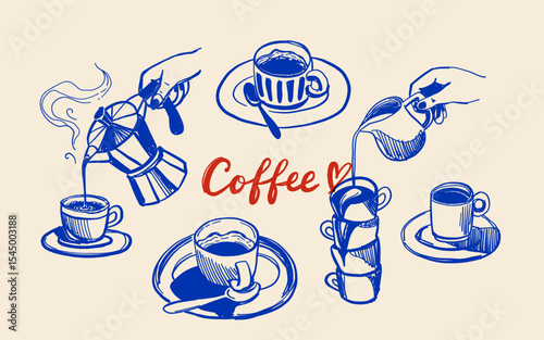 Hand drawn coffee vector set, moka pot, espresso, cappuccino, cups, milk pouring, cafe vibe, blue monochrome doodle sketch illustration