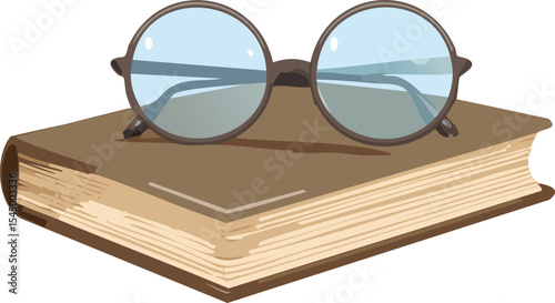 An old pair of round spectacles perched on top of a closed, dust-covered book. One lens catches a glint of light, while the other is fogged slightly. The background fades into shadows, evoking mystery