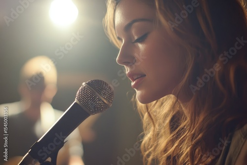 A young woman with long, wavy blonde hair sings into a microphone during a performance.