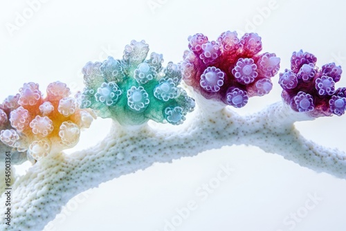 Vibrant coral polyps in pastel hues bloom on a white branch, a stunning underwater scene.