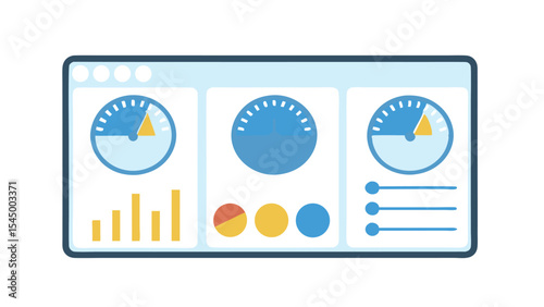 Illustration of a dashboard interface with gauges charts and indicators in a light blue theme