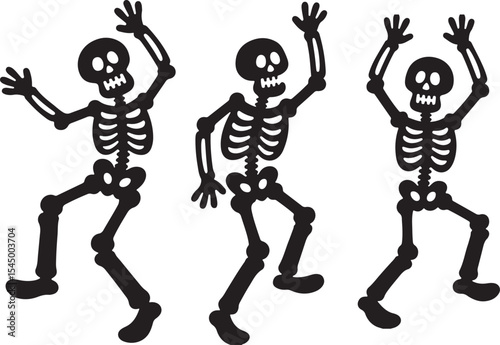 Funny skeleton silhouette set, Skeletons dancing with different positions flat style vector, Funny Halloween skeletons in different poses set, jumping, frightening