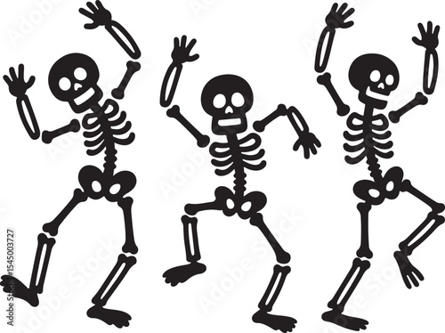 Funny skeleton silhouette set, Skeletons dancing with different positions flat style vector, Funny Halloween skeletons in different poses set, jumping, frightening