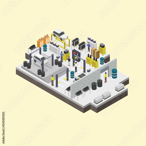 Efficient Automotive Repair Shop Isometric Illustration of a Busy Car Repair Garage with Mechanics, Tools, and Vehicles