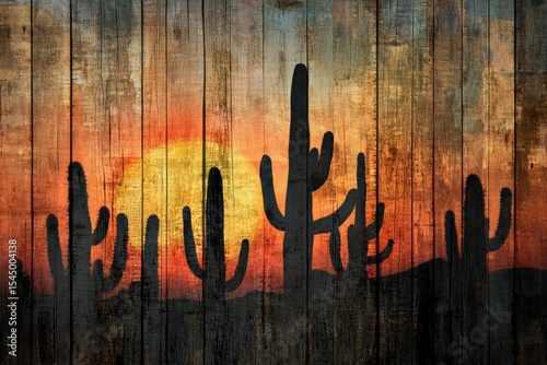 Silhouette of cacti against a vibrant sunset backdrop on a rustic wooden texture.
