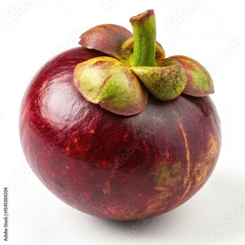 Fresh mangosteen fruit with dark purple rind and green stem, isolated on white background, ideal for tropical food concepts.
