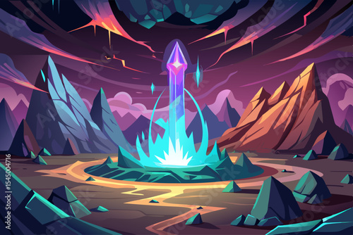 Crystalline cavern pulsing with magical energy deep beneath a volcanic mountain
