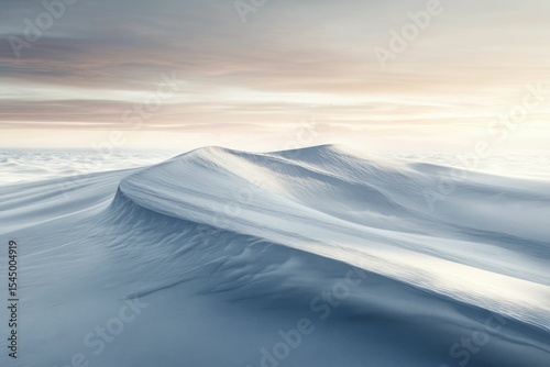 Serene snow dunes sculpted by wind under a soft sunrise sky.