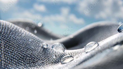 Water droplets gather on a textured fabric surface under bright blue sky at sunny day during outdoor fabric testing