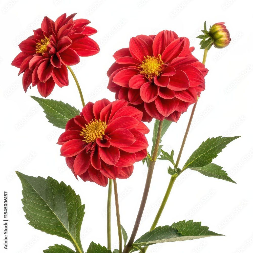 Obraz premium Bright red dahlia flowers with layered petals and vibrant yellow centers, displayed against green foliage on a white background.