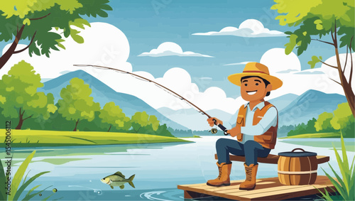 Fishing Hobby Scene – Vector of a Fisherman Catching Fish in Nature