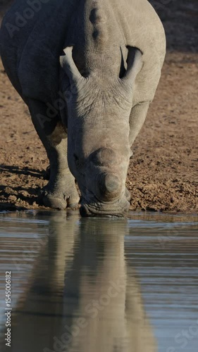 Vertical video, a white rhino drinking water with reflection on the water.