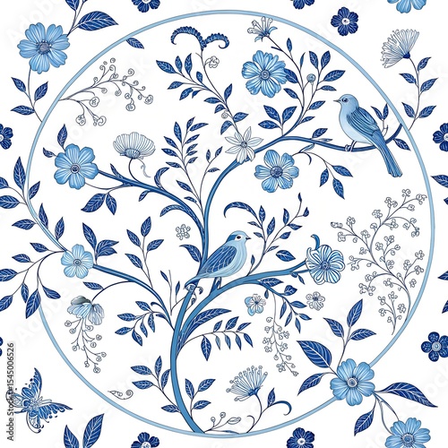 Chinoiserie-inspired pattern with blue vines, blossoms and birds — classic ceramic dish look
