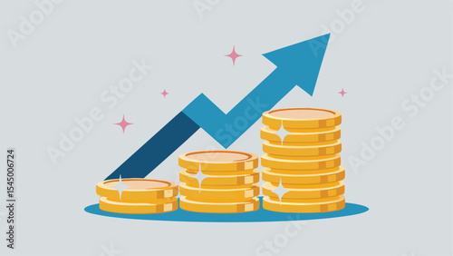 Financial growth represented by increasing stacks of coins and an upward trending arrow chart