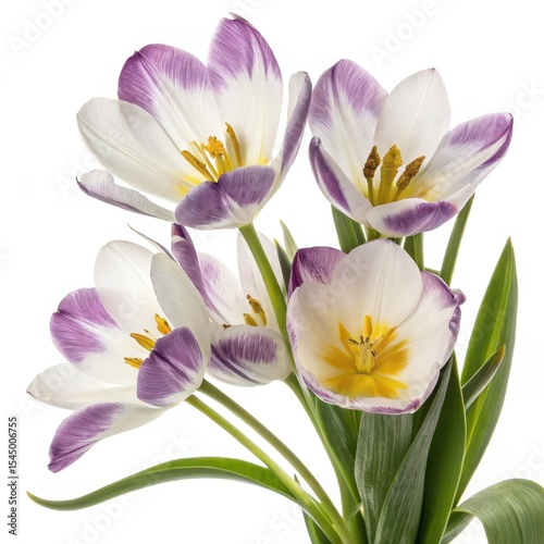 Beautiful white tulips with purple edges and yellow centers in full bloom, ideal for spring or floral-themed visuals.