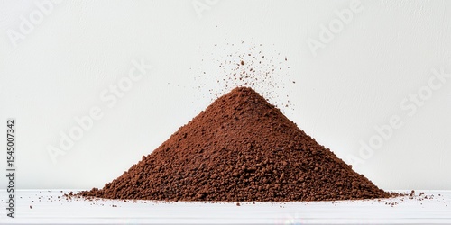 A pile of finely ground coffee with particles gently falling onto it, set against a plain white background.
