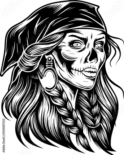 A fierce female pirate skeleton leads. Captivating Pirate Skull Woman with Bold Features in Black and White