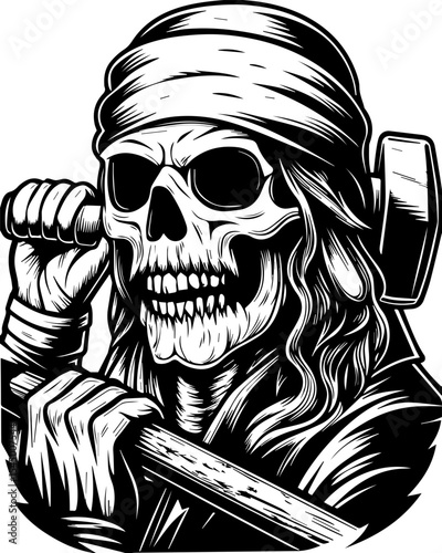 A fierce female pirate skeleton leads. Skull With Hammer Graphic Design for Bold Artistic Projects