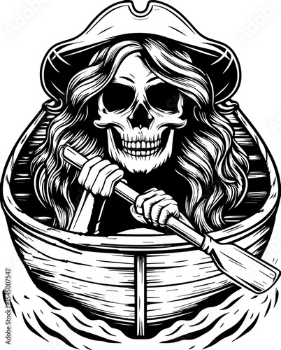 A fierce female pirate skeleton leads. Skull with Long Hair Rowing a Boat Illustration in Vintage Style