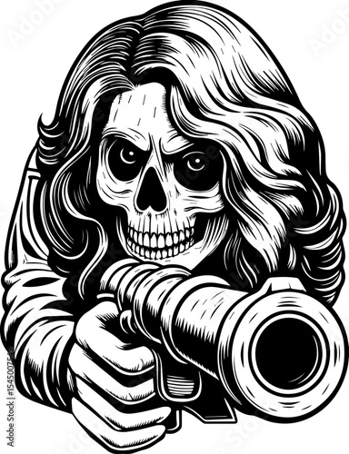 A fierce female pirate skeleton leads. Skull Woman with Long Hair Aiming Gun in Vintage Style Illustration