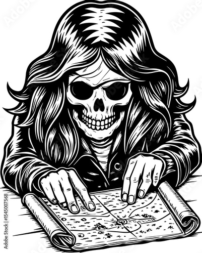 A fierce female pirate skeleton leads. Skull Character Studying Ancient Map with Mysterious Intentions