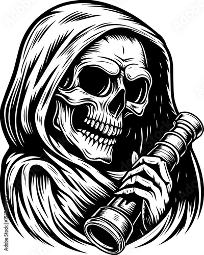 A fierce female pirate skeleton leads. Grim Reaper Holding Telescope in Dark Artistic Style Illustration