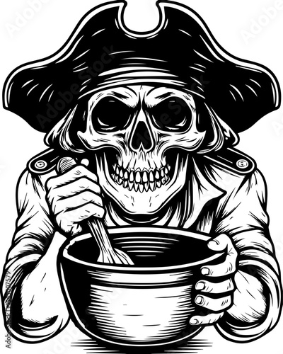 A fierce female pirate skeleton leads. Creative Pirate Skull Character Cooking in a Pot with Mixing Spoon