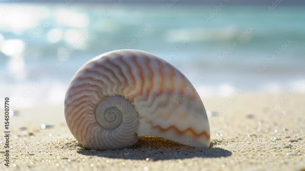 Nautilus shell resting on the sandy beach with ocean waves softly blurred in the background view