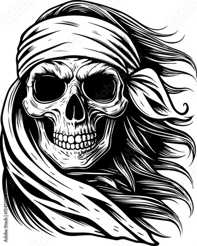 A fierce female pirate skeleton leads. Detailed Skull Illustration with Bandana and Flowing Hair Design