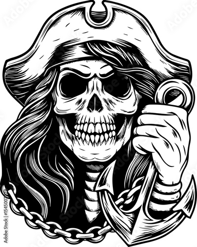 A fierce female pirate skeleton leads. Skull Pirate with Anchor and Iconic Hat in Vintage Style Artwork
