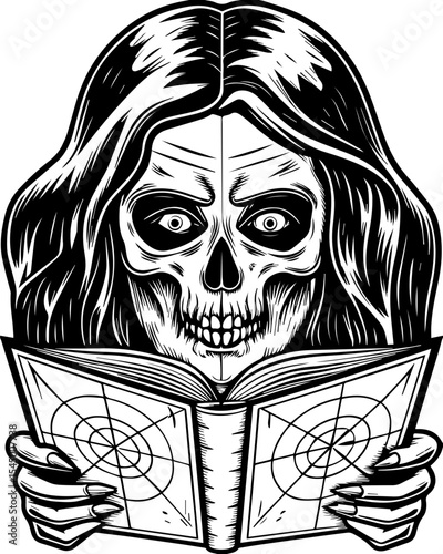 A fierce female pirate skeleton leads. Intriguing Skull Reading Eerie Book with Long Hair Illustration