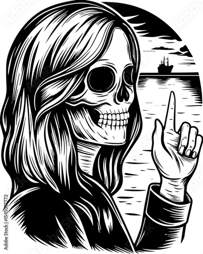 A fierce female pirate skeleton leads. Skeleton Figure Pointing at Ship in Black and White Artistic Style