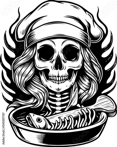 A fierce female pirate skeleton leads. Chef Skull with Fish Skeleton and Flames in Vintage Style Illustration