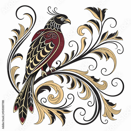 Ornate bird on flourishing branch design element