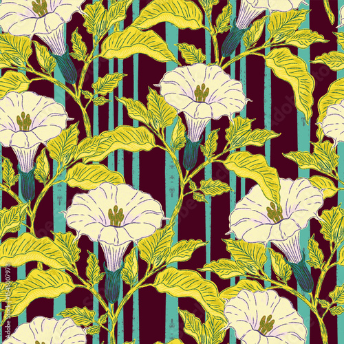 Seamless botanical pattern featuring blooming datura flowers and lush foliage in a hand-drawn, vintage style. Inspired by antique floral illustrations and Mediterranean nature. 