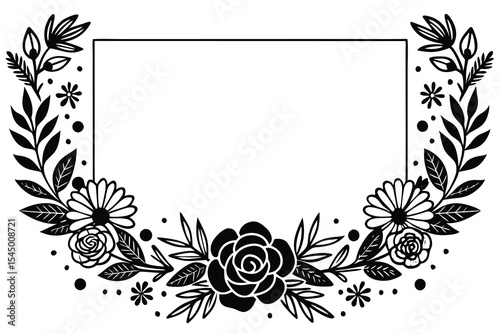 Elegant Floral Frame Black and White Botanical Wreath Border Design