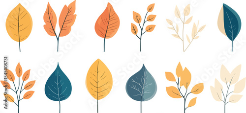 Collection of stylized autumn leaves in various colors and shapes arranged in a row on a white background perfect for seasonal designs and decorative elements