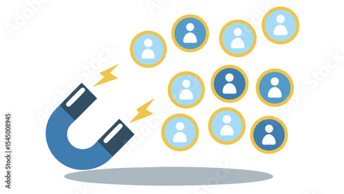 A blue magnet with yellow lightning attracting blue and yellow circles with white figures inside them