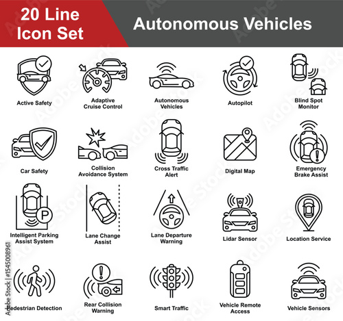 Vehicles Icon Set Collection. Containing technology, transportation, vehicle, car, futuristic, autonomous, transport, autopilot, digital, automatic. Simple Line Vector Illustration.