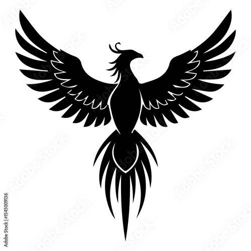 Phoenix rising silhouette isolated on white background — black mythical bird in flight with spread wings symbolizing rebirth, transformation, fire, immortality, power, and spiritual renewal

