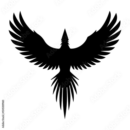 Phoenix rising silhouette isolated on white background — black mythical bird in flight with spread wings symbolizing rebirth, transformation, fire, immortality, power, and spiritual renewal

