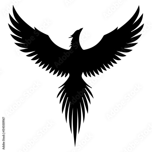 Phoenix rising silhouette isolated on white background — black mythical bird in flight with spread wings symbolizing rebirth, transformation, fire, immortality, power, and spiritual renewal

